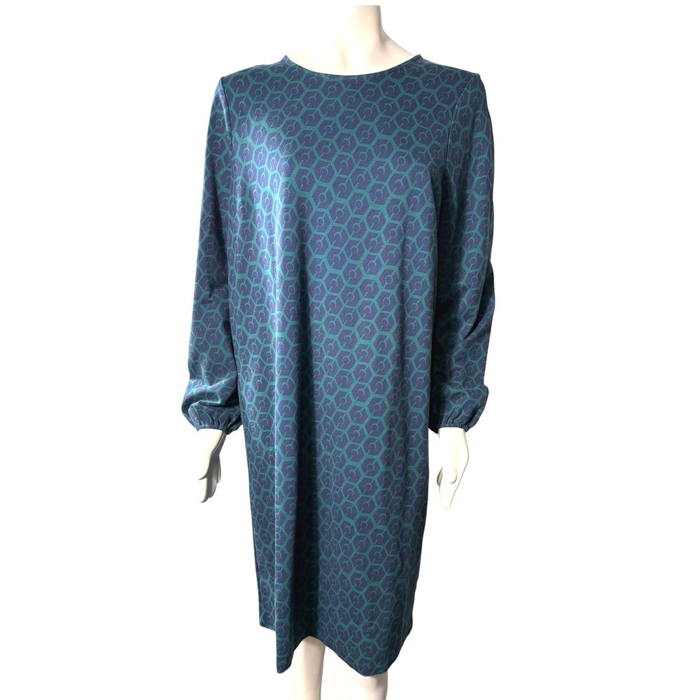 Boden Retro Shift Dress Blue Green Geometric Print Long Sleeve Size 16/18L Mod - Picture 3 of 13